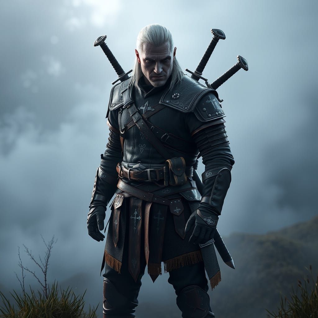Heroic Geralt of Rivia in Mystical Landscape with Dual Sword...