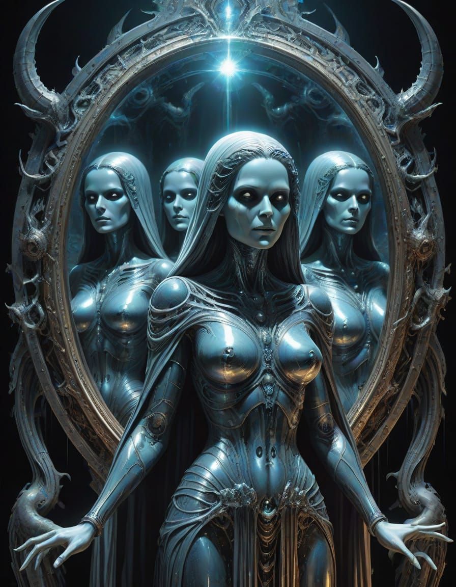 Astral Ghost Women in Holographic Cosmic Mirror Illustration