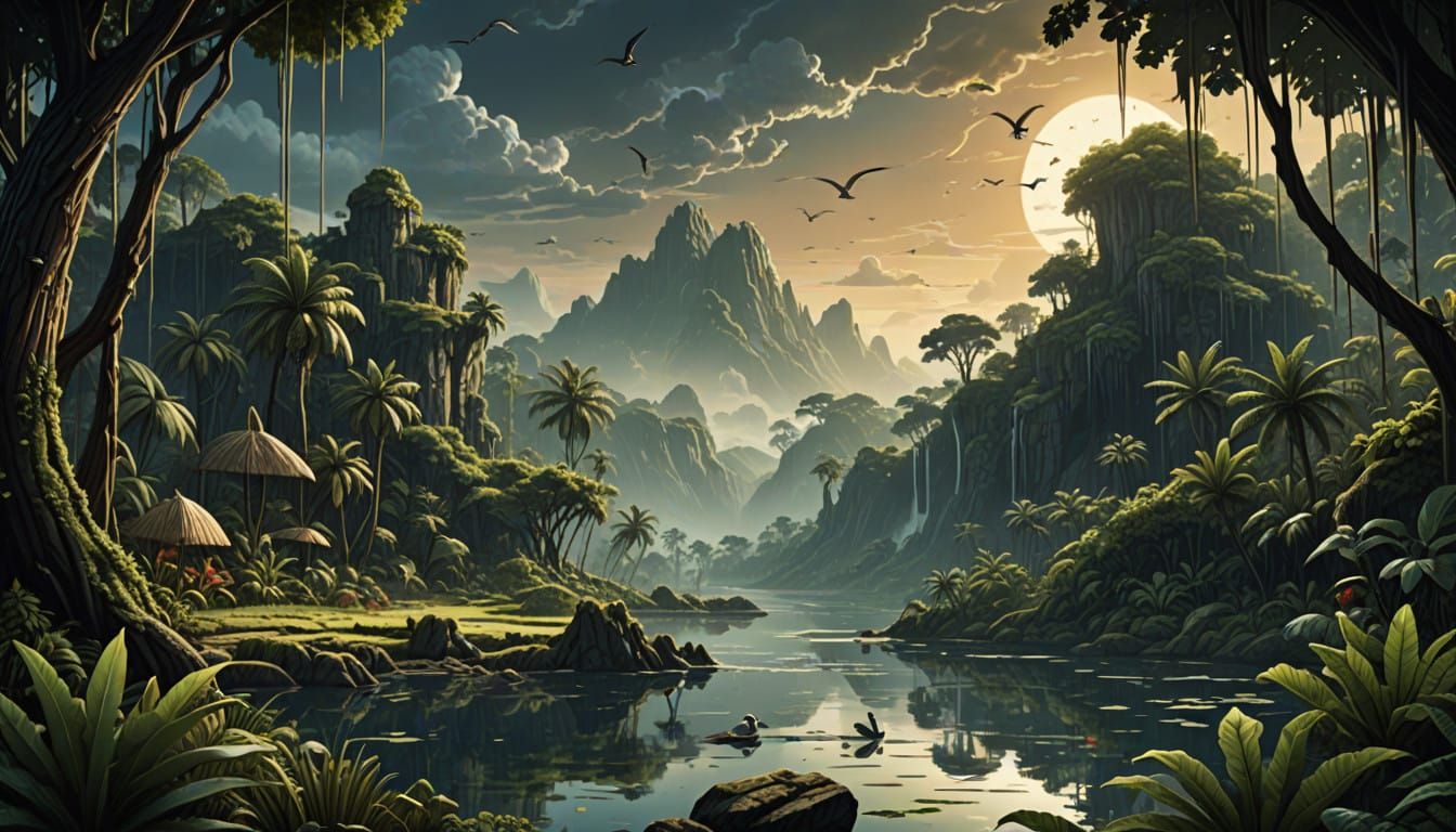 Dramatic Jungle Scene with Pelican at Dawn