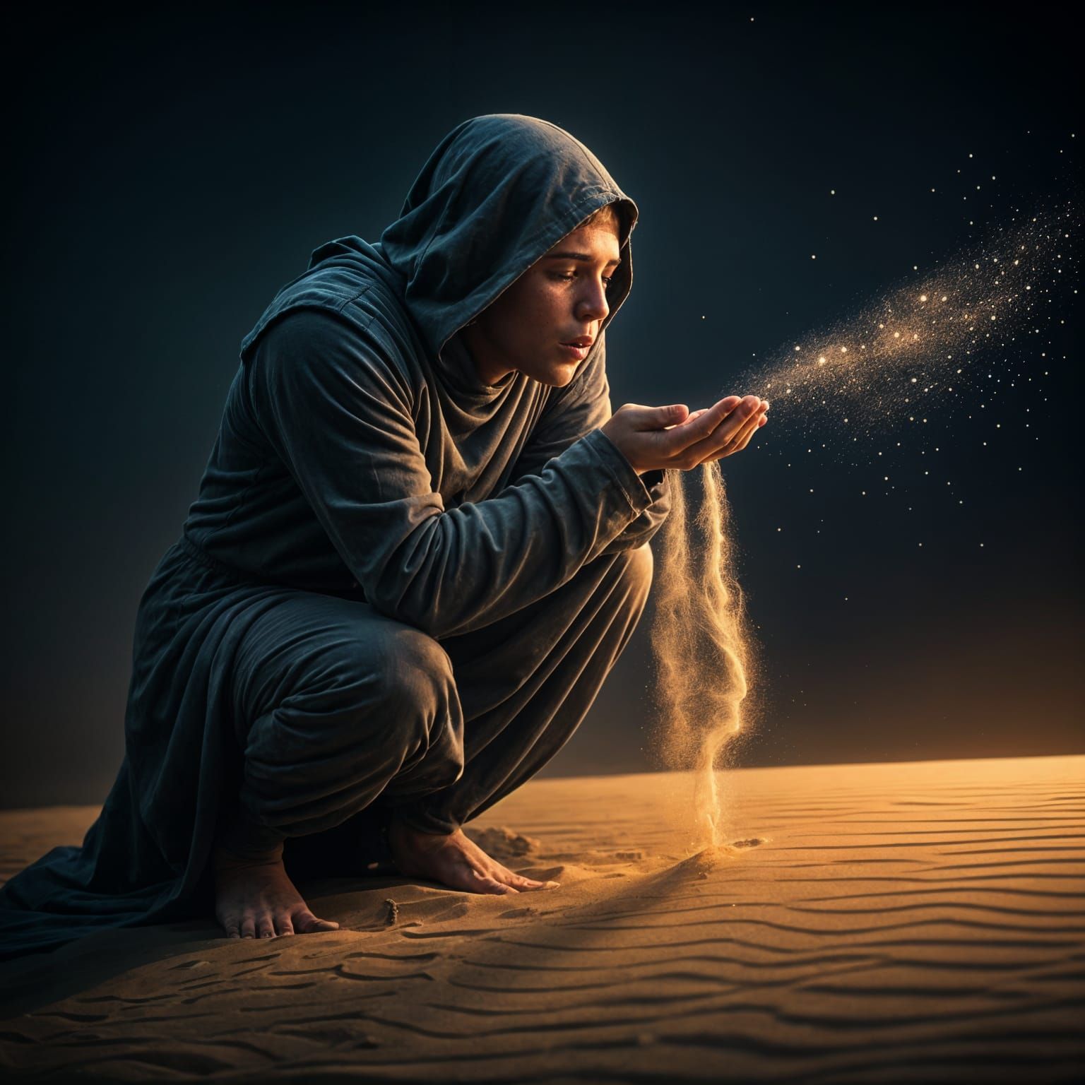 Dream Shaper Blows Glittering Sand: Cinematic Film Still