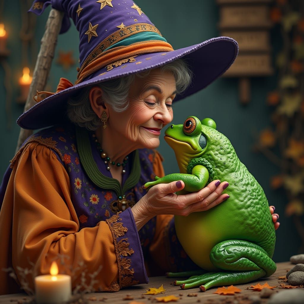 Warm-Smiling Grandma Kissing Frog in Whimsical Autumn Scene