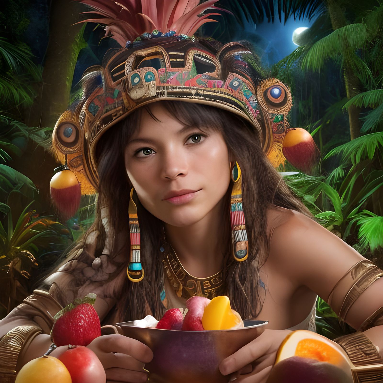 Lush Mayan Temple at Night with Gold and Fruit