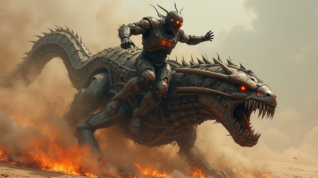 Cyborg Warrior Unleashes Fury on Industrial Beast