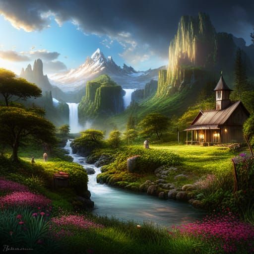 Mystical Unicorn in Floral Field: Fantasy Concept Art