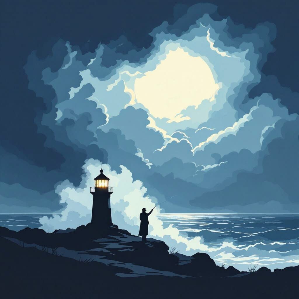 Lighthouse Keeper in Stormy Seas: Minimalist Poster Style
