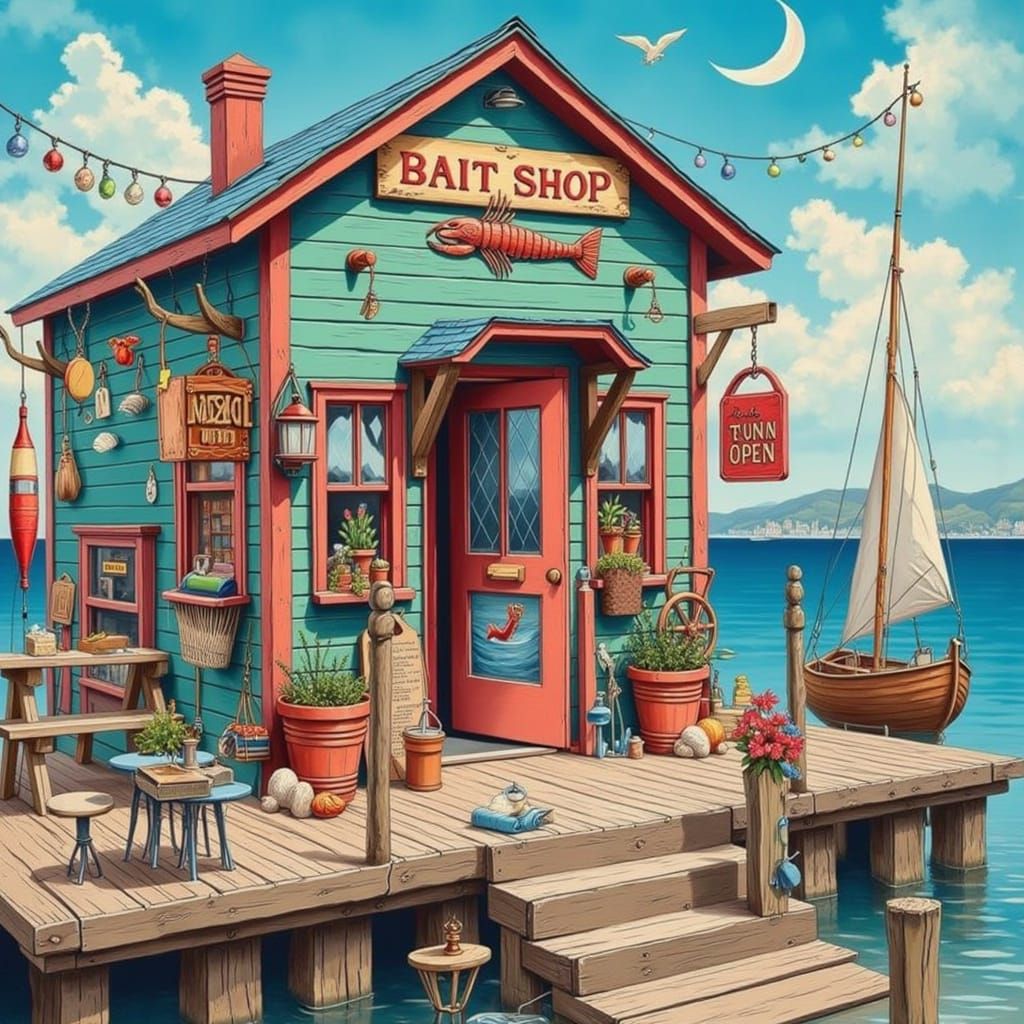 Whimsical Coastal Bait Shop Scene in Folk Art Style
