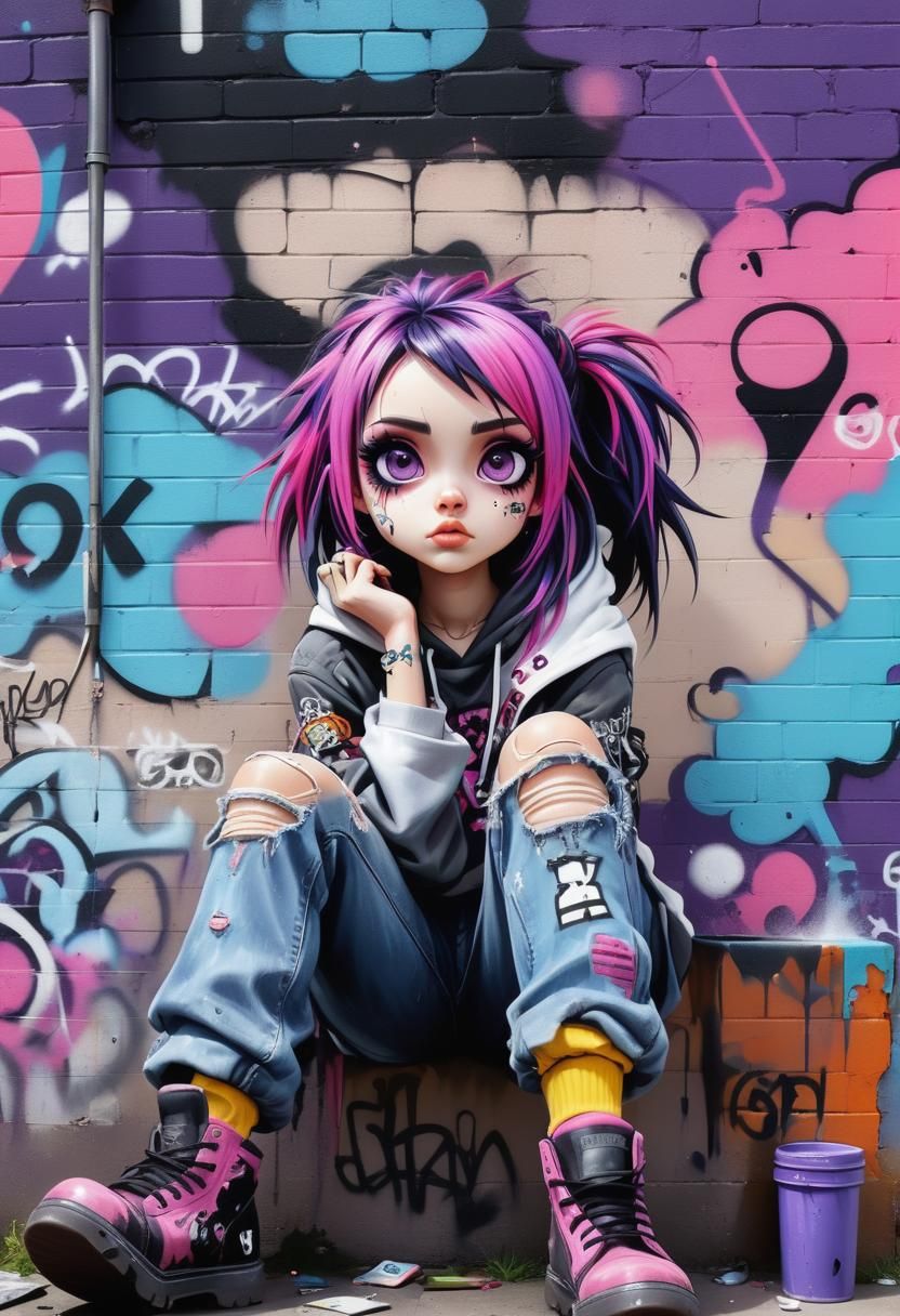 Adorable Punk Girl Graffiti Artist in Digital Art