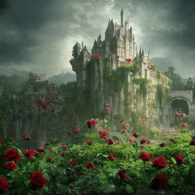 Castle Overlooking Rose Garden Digital Painting