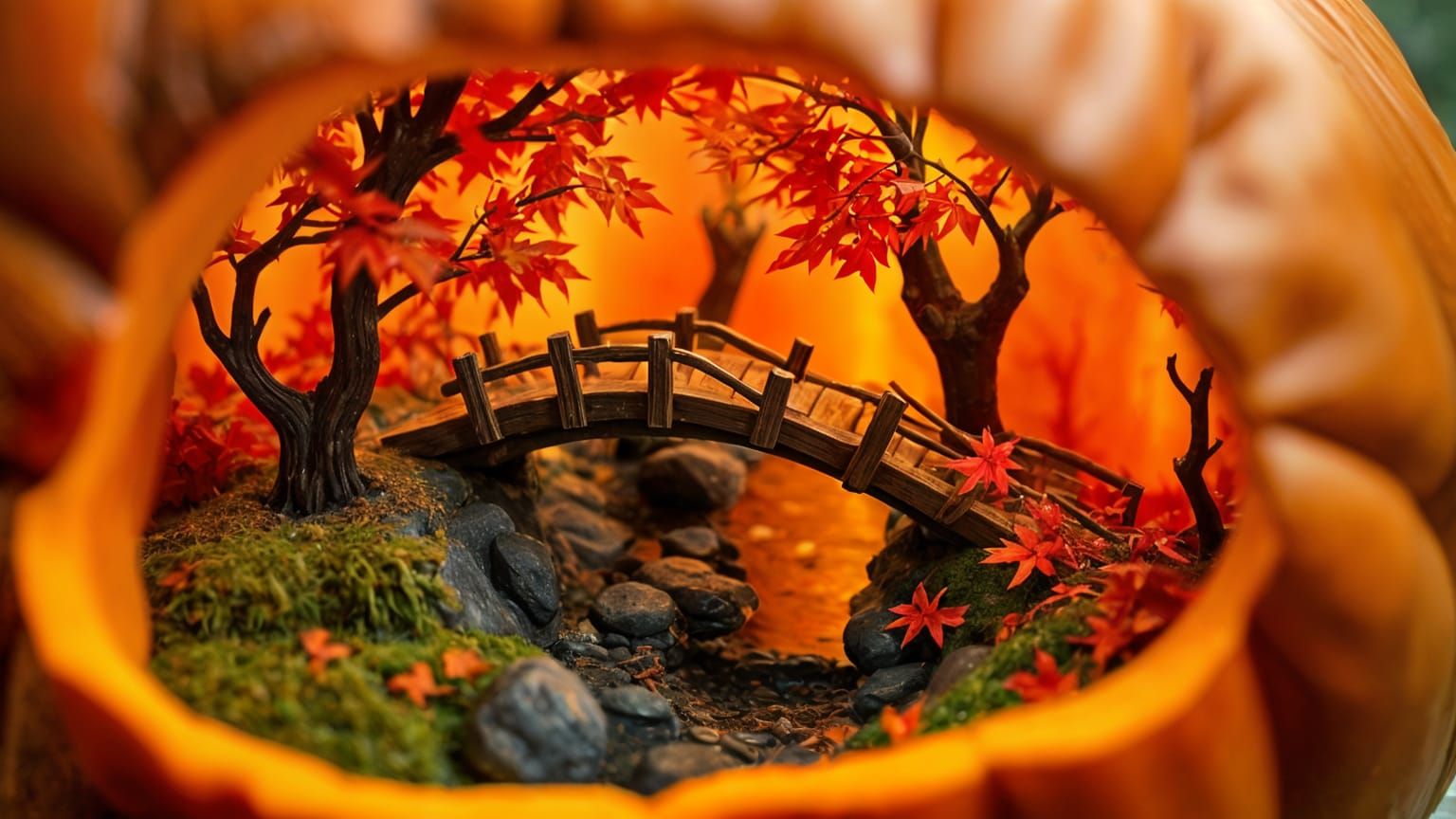 Autumn Forest Scene Inside Pumpkin with Troll