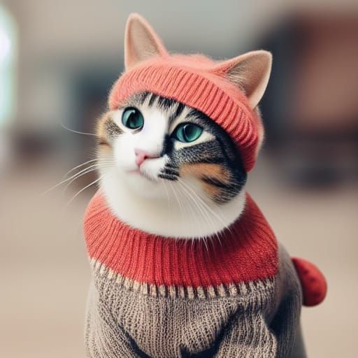 Cute Cat in Sweater and Beret