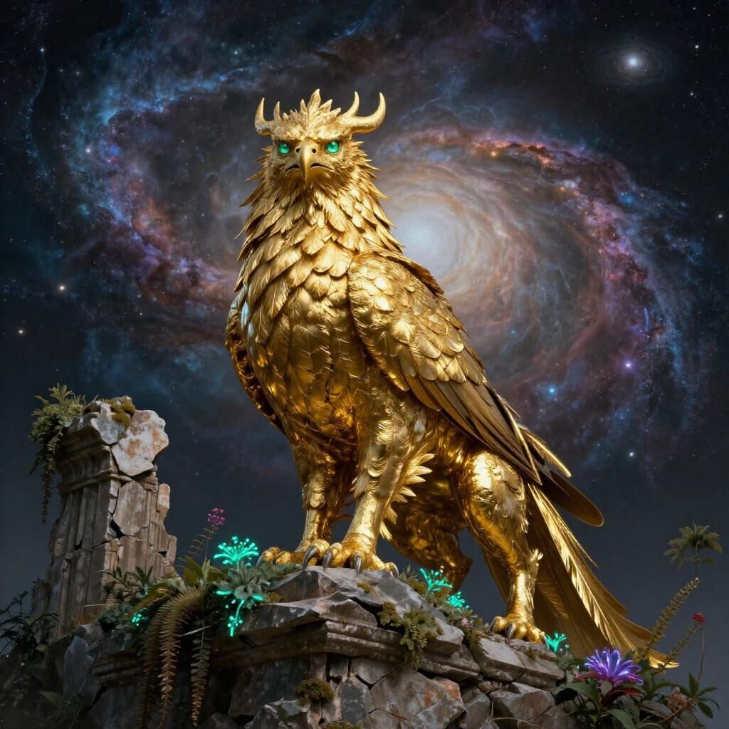Majestic Griffin on Ancient Ruin in Cosmic Sky