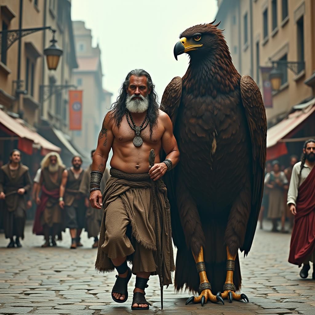 Celtic Man and Eagle in Beksiński-Inspired Market
