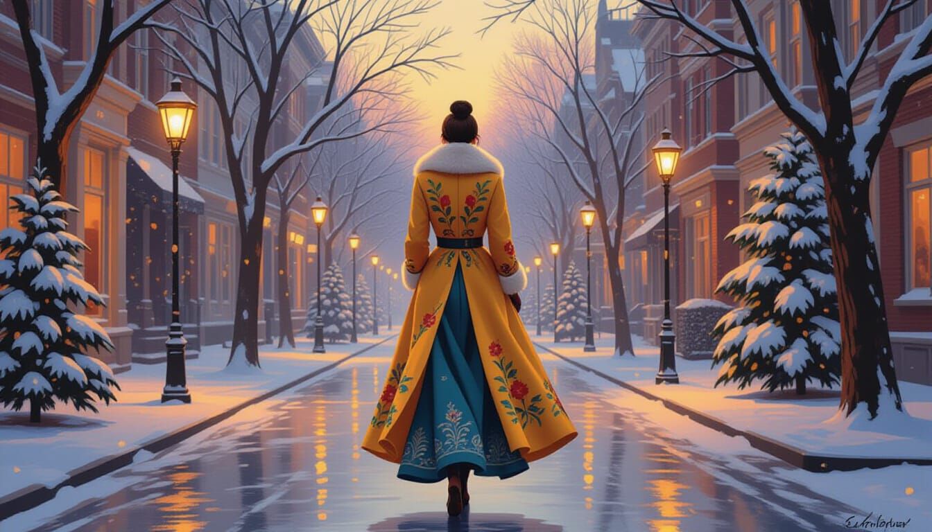 Woman in Floral Dress on Snowy City Street at Dusk