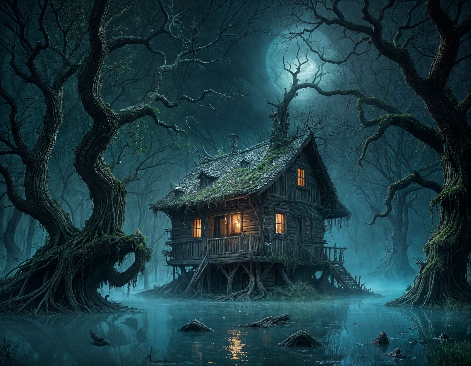 Baba Yaga's Haunted Cottage in a Mystical Swamp