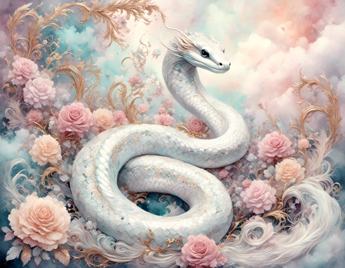 Victorian White Snake with Watercolor Dreamscape