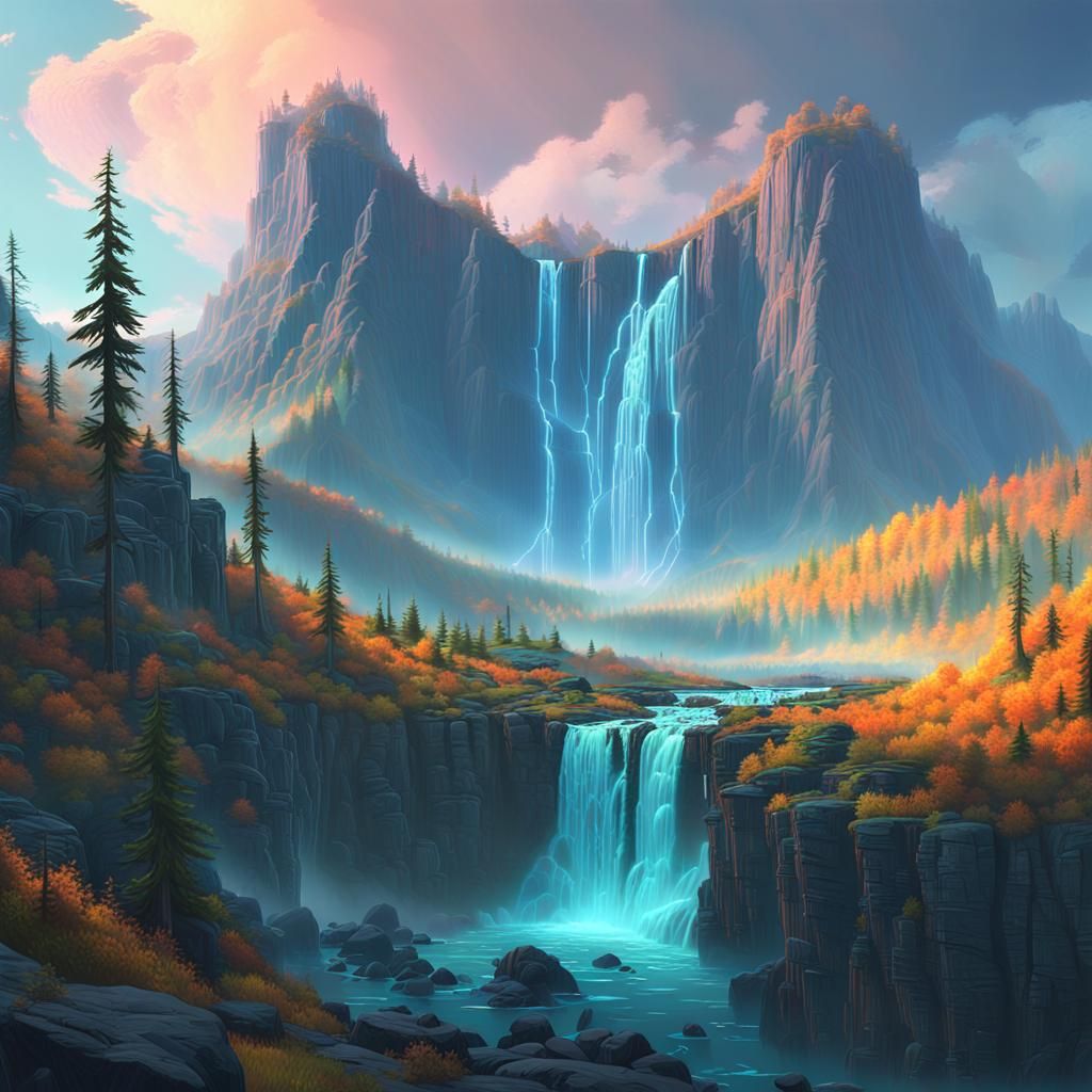 Mystical Mountain Range with Iridescent Waterfalls