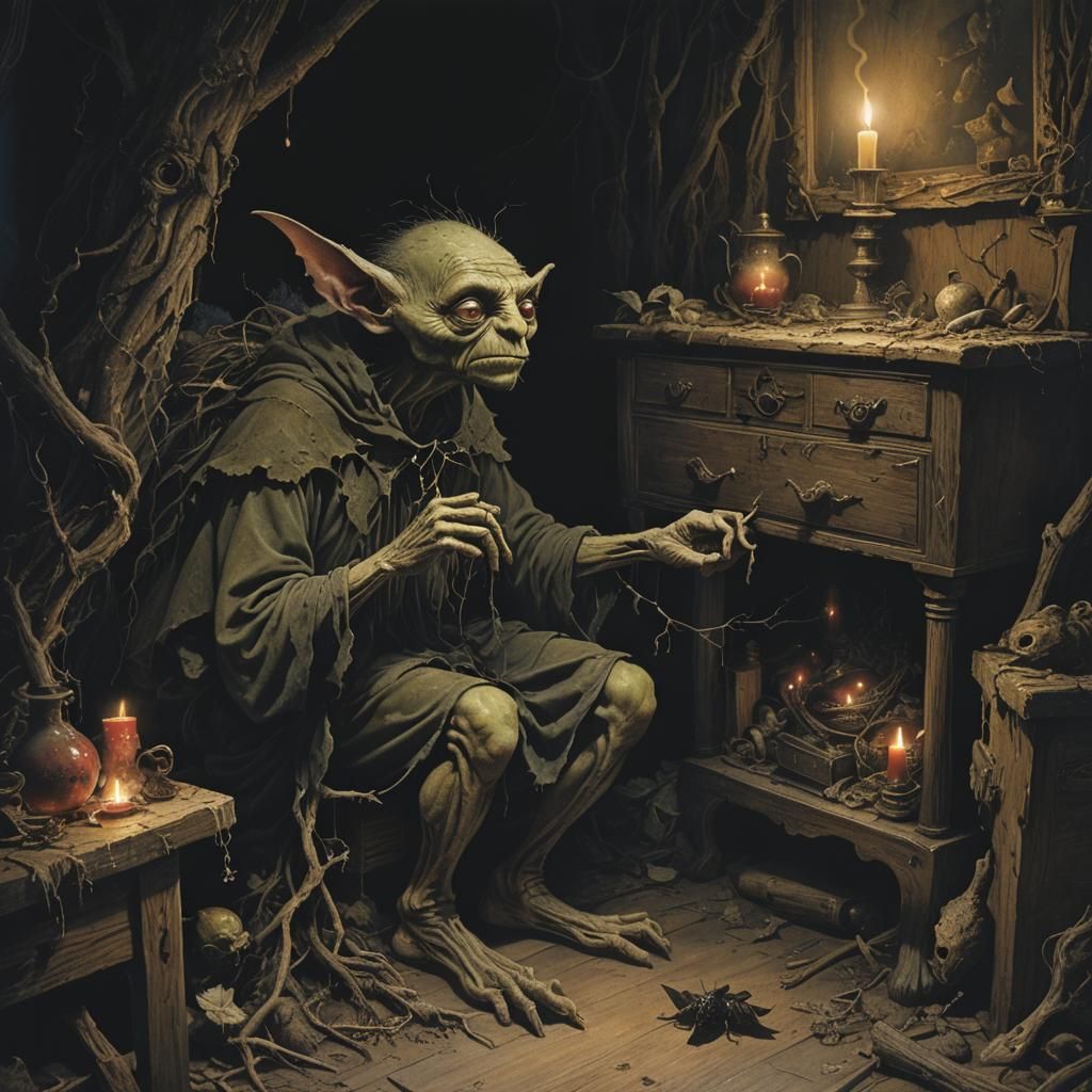 Goblin in Mystical Cottage: Dark Fantasy Illustration