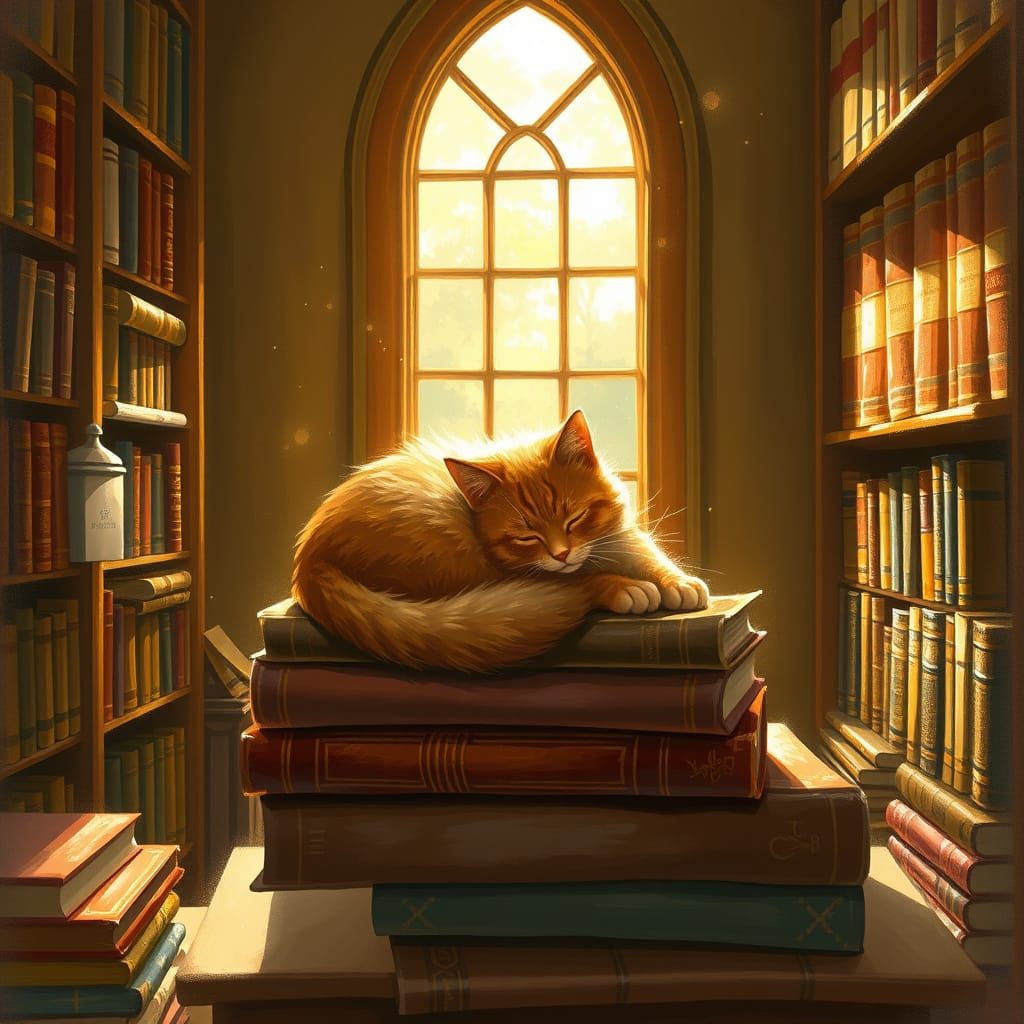 Cozy Cat Napping on Antique Books in Sunlit Nook
