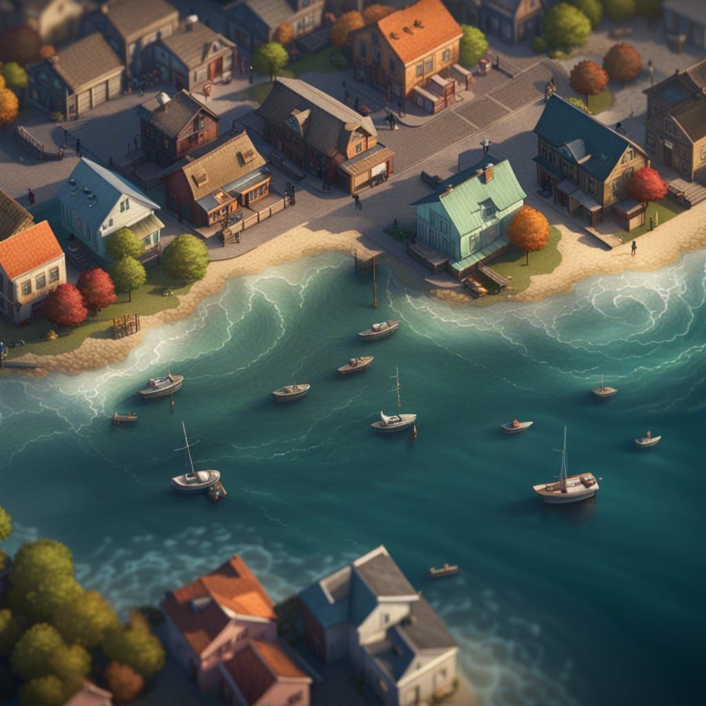 Coastal Town Overwhelmed by Wave, Hyperdetailed Concept Art