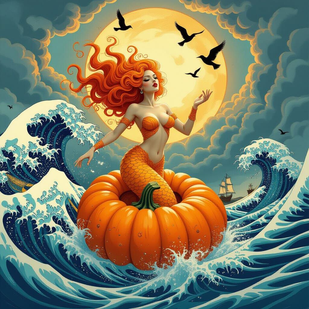 Mystical Pumpkin Siren in a Cosmic Ocean Vortex