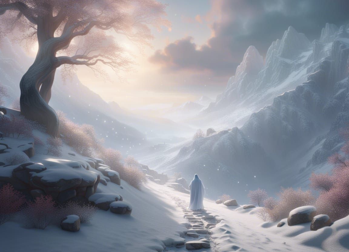 Ethereal Ghost on Snowy Mountain Path