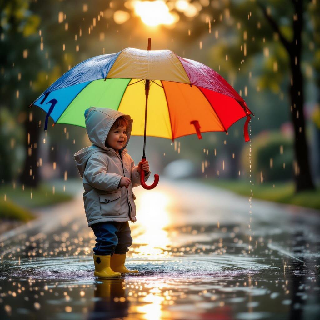Child Playing in Rain with Colorful Umbrella