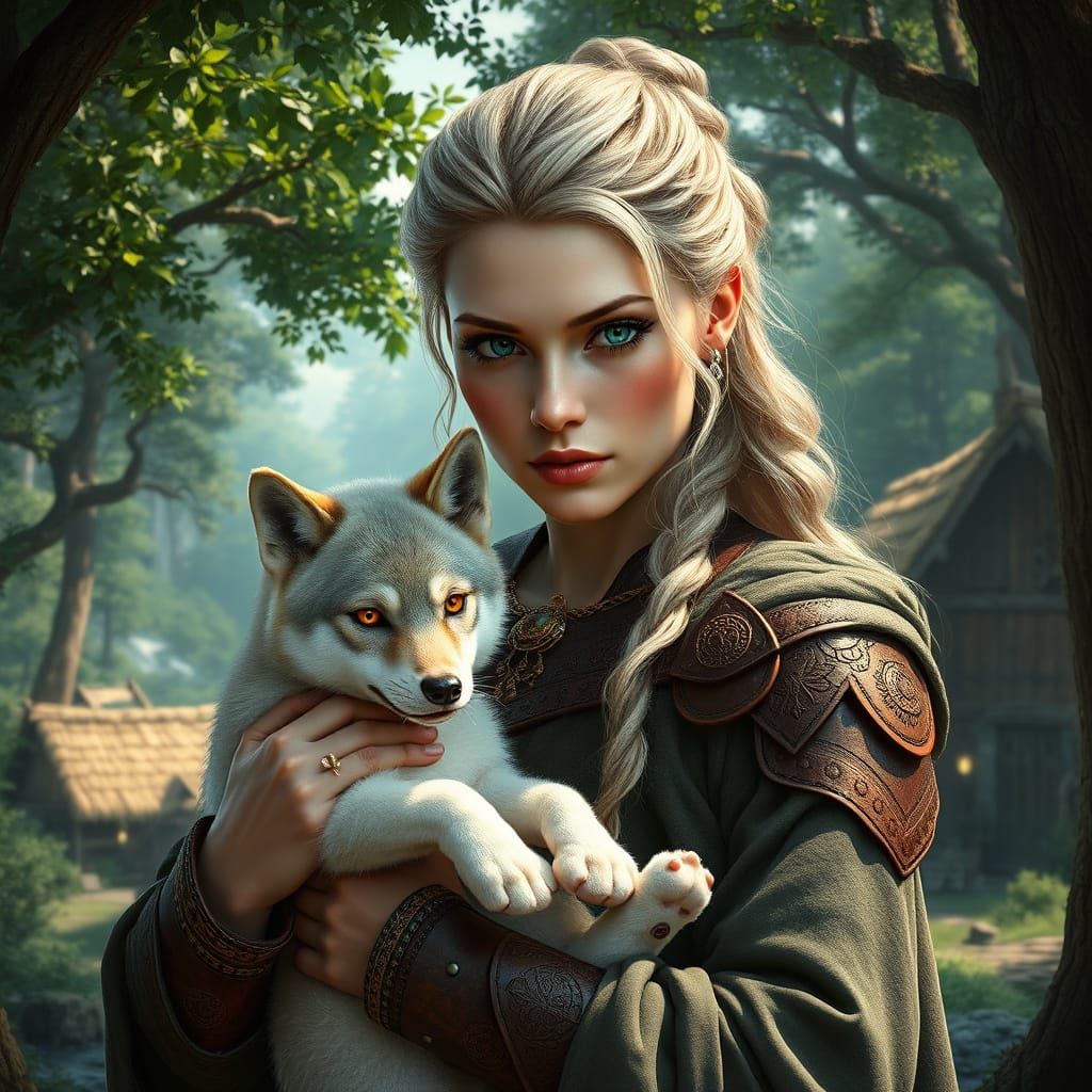 Viking Warrior Goddess in Lush Forest Landscape