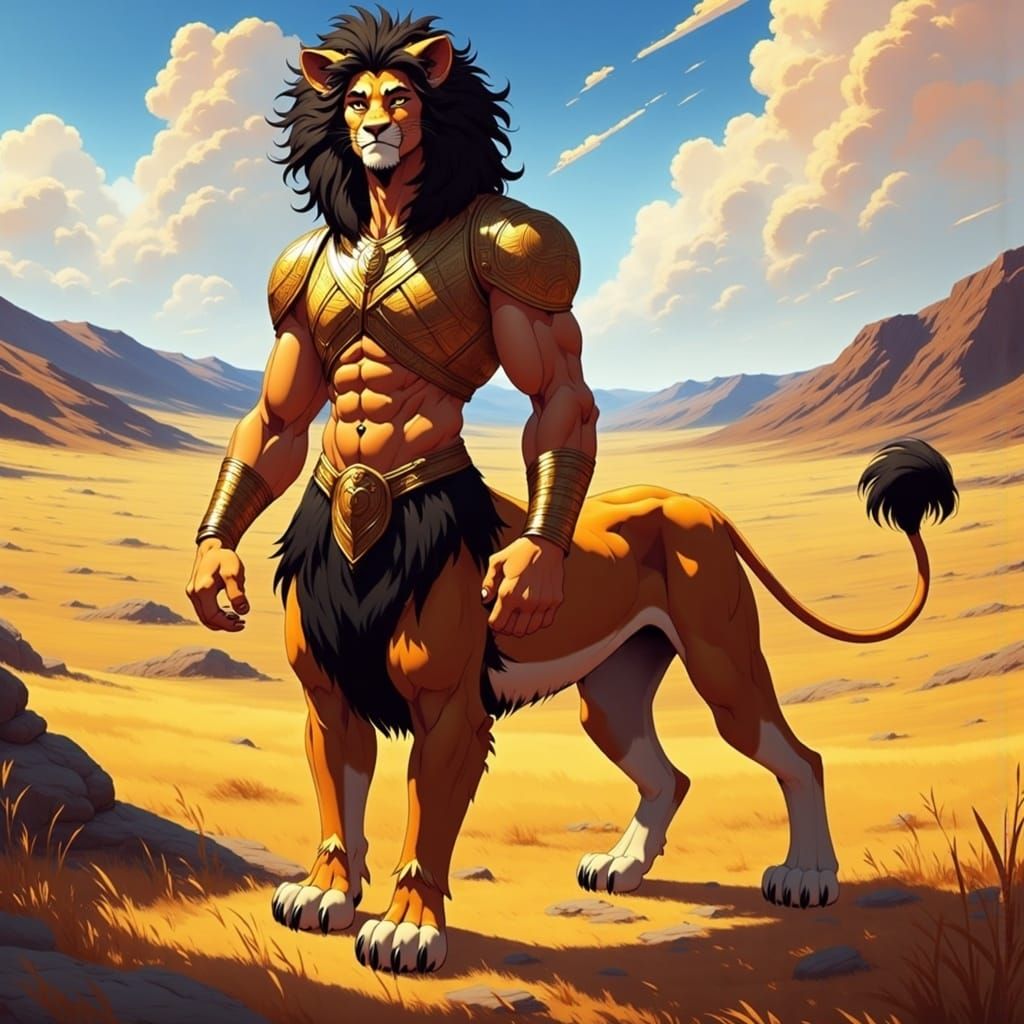 Majestic Wemic in Savannah Landscape, Frazetta Style