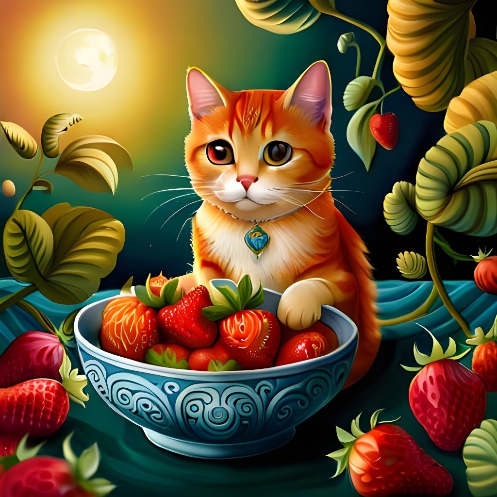 Fantasy art: Cute Cat with a Bowl Full of Strawberries