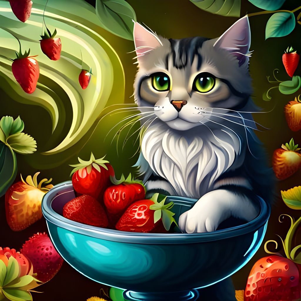 Fantasy art: Cute Cat with a Bowl Full of Strawberries