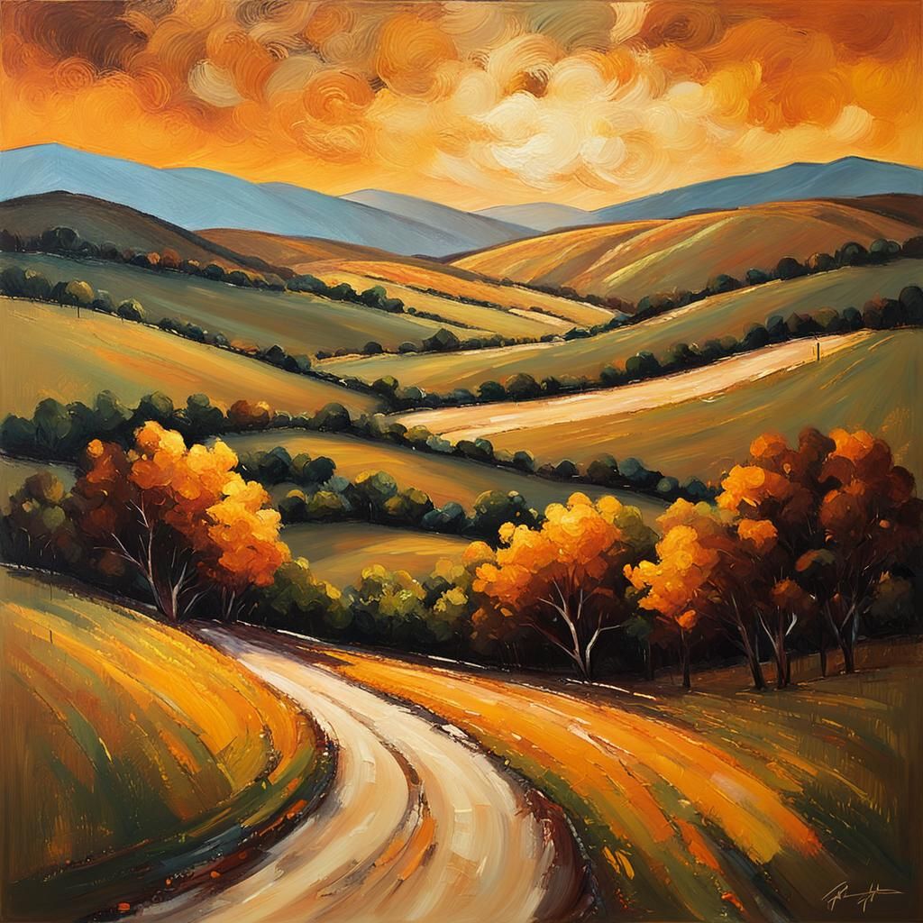 Evocative Landscape Painting with Rolling Hills and Trees