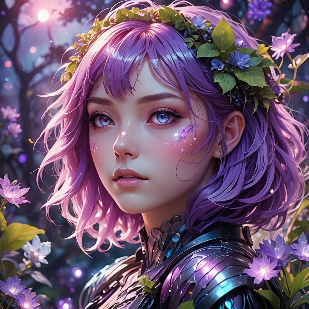 Anime Girl with Violet Hair in Ethereal Garden
