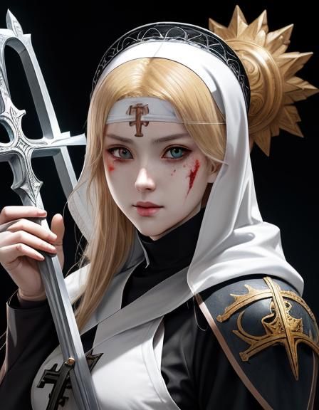 Battle-Scarred Warrior Nun with Holy Lance in Anime Style