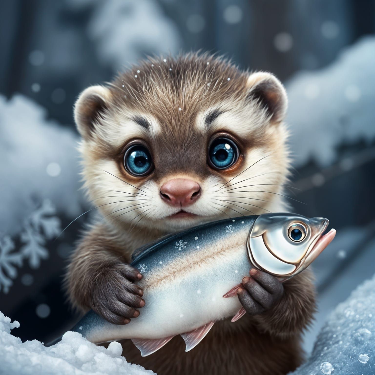 Cute Baby Otter with Glowing Fur Holds Silver Fish