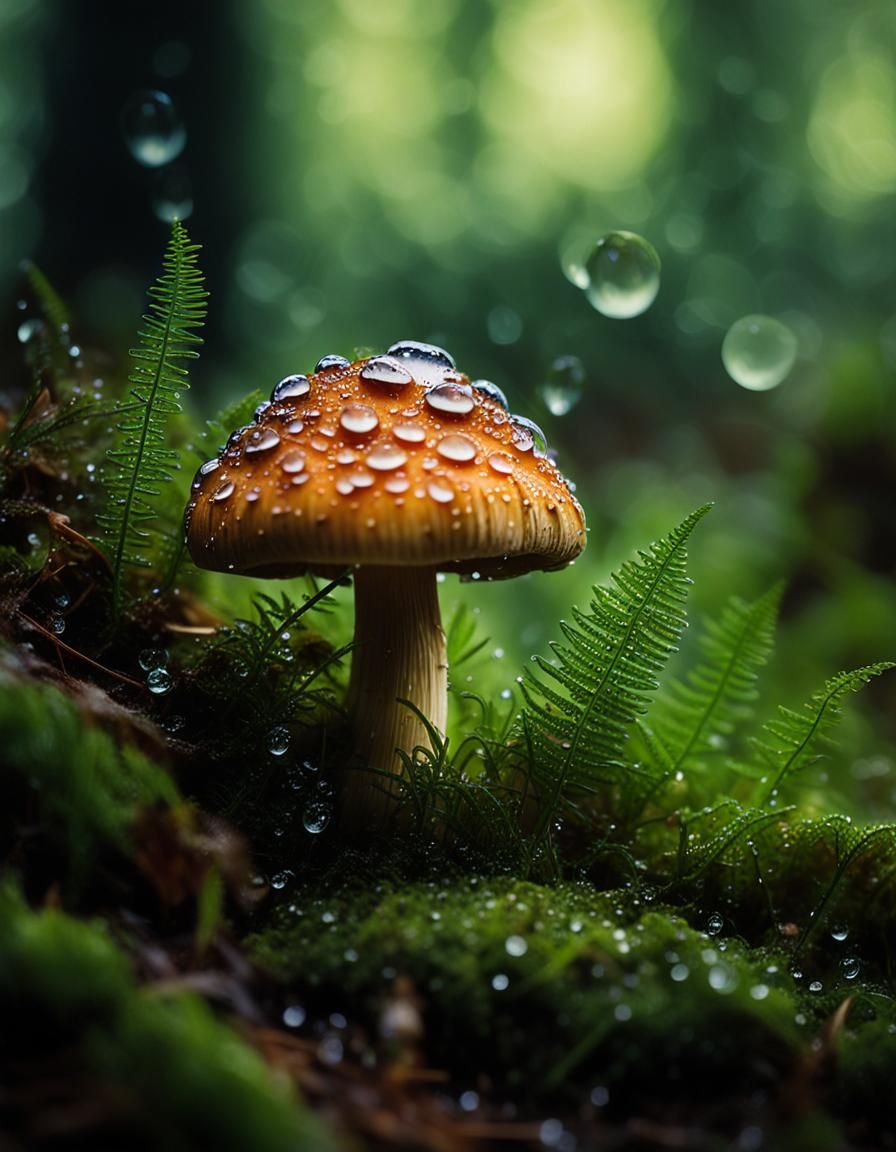 Mushroom with Dew Drops: Macro Photography