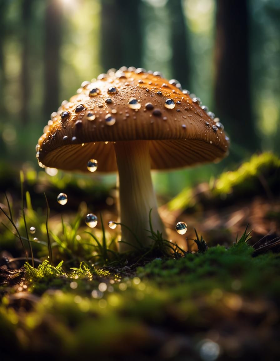 Macro Mushroom with Dew Droplets in Forest