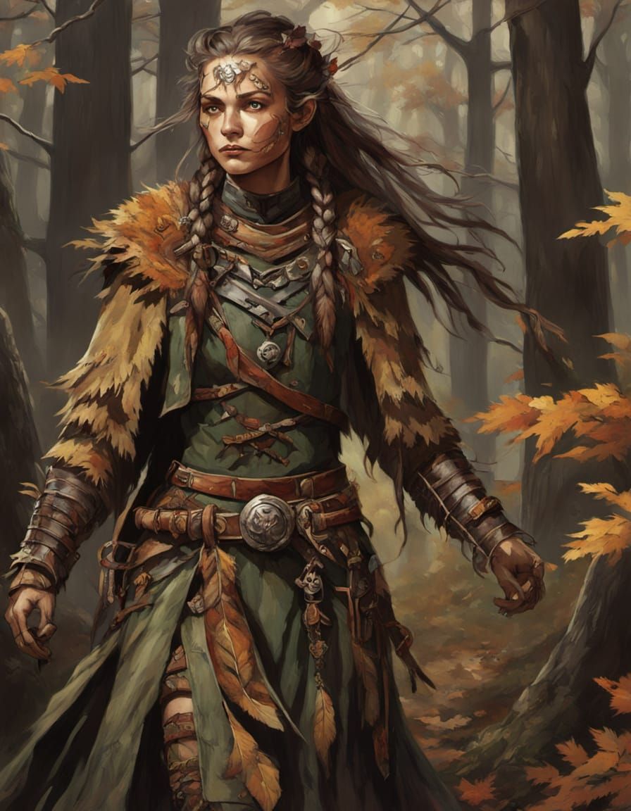 Female Druid in Autumn Forest, Frank Frazetta Style