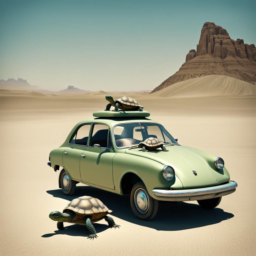 Surreal Car with Turtle Wheels in Desert