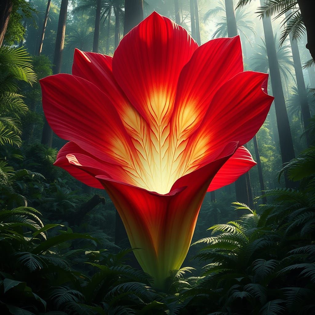 Bioluminescent Crimson Flower in Emerald Rainforest