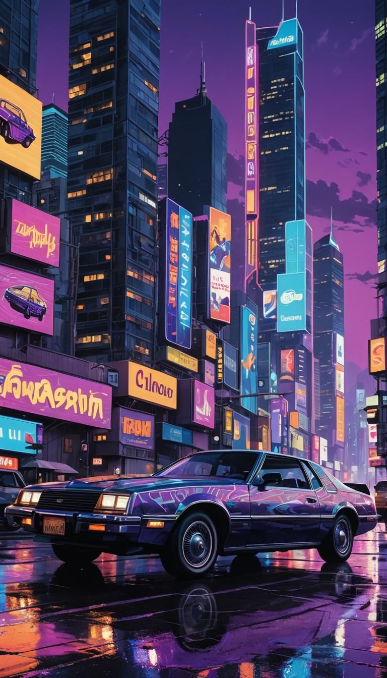 Retrofuturistic Car in Cyberpunk City, Cel-Shaded Art