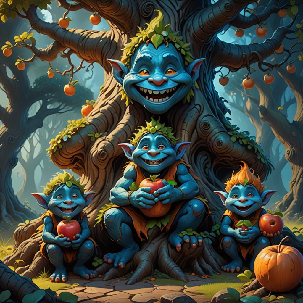 Trolls in a Tree: Fantasy Oil Painting