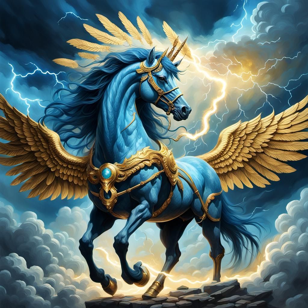 Winged Serpent Horse with Lightning Staff in Digital Art