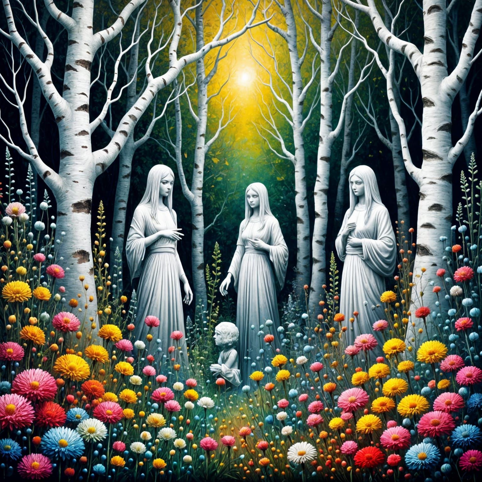 Surreal Garden Scene with Ancient Statues and Vibrant Blooms