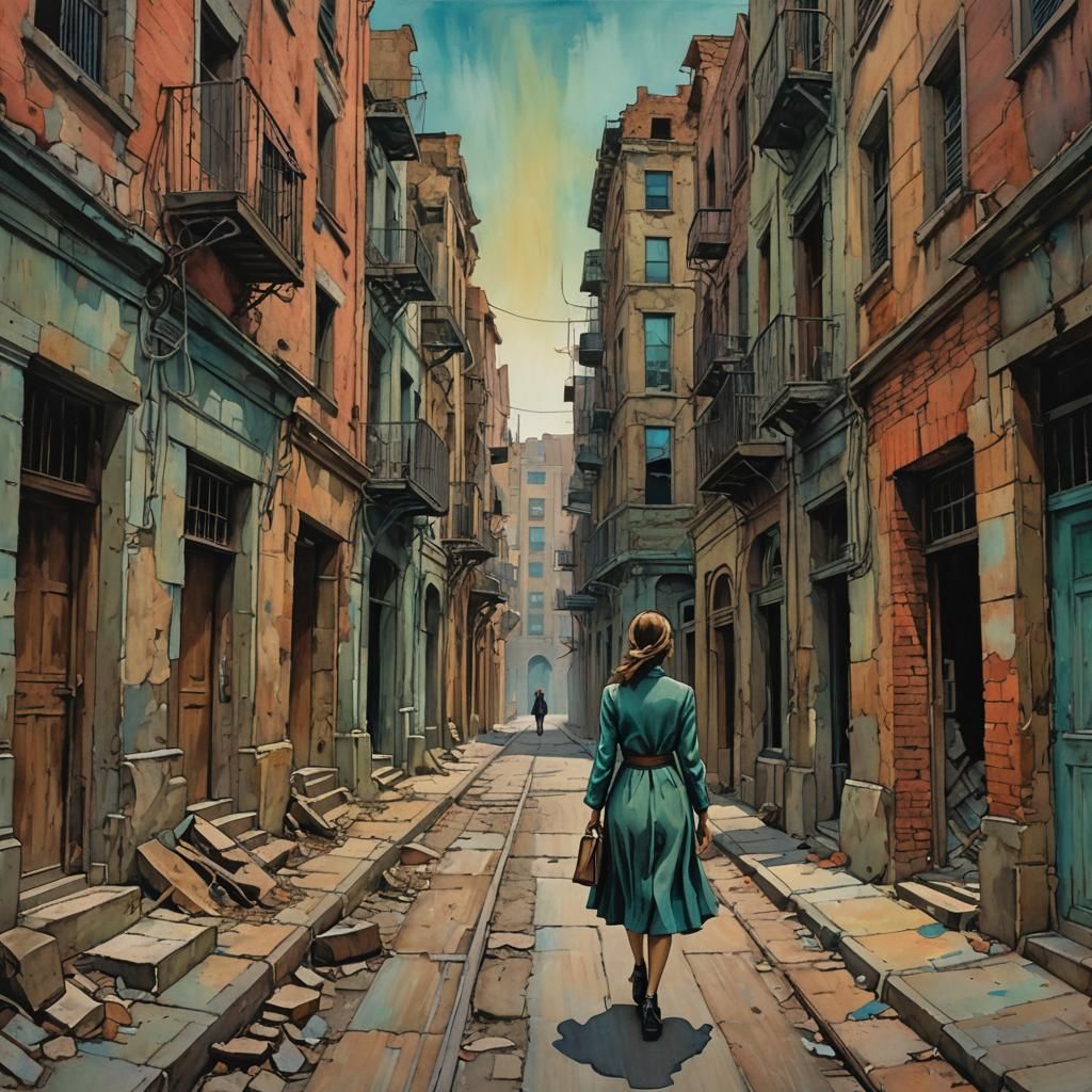 A captivating, emotive depiction of a woman walking down a c...