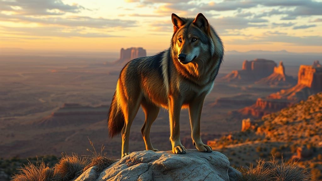 Lone Wolf on Windswept Mesa in Photorealistic Style