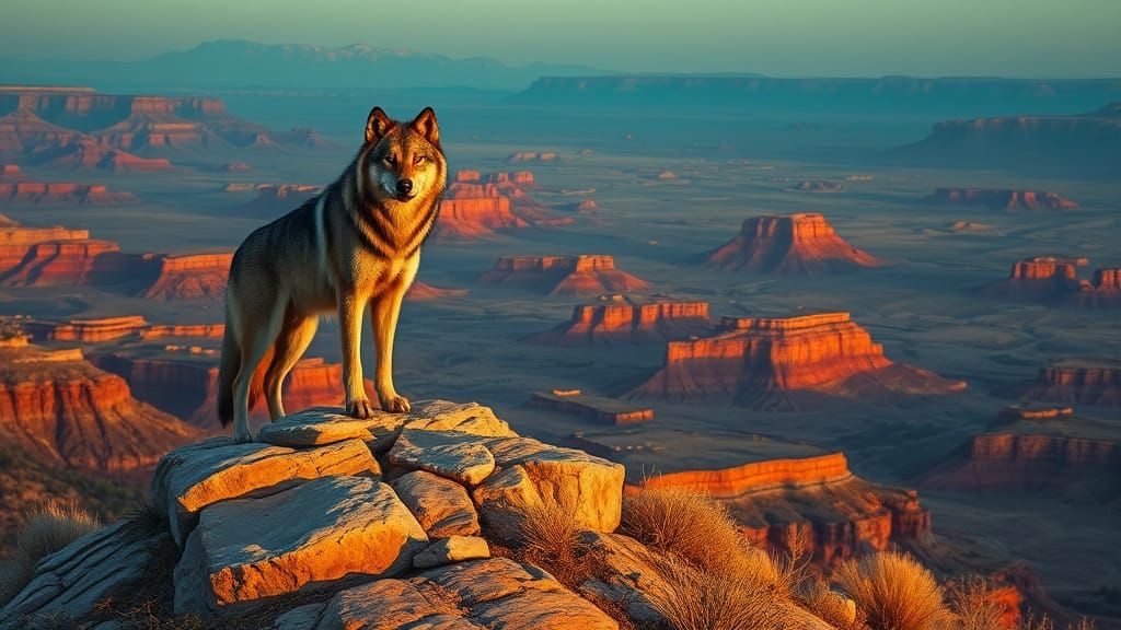 Lone Wolf on Mesa at Twilight in Western Style