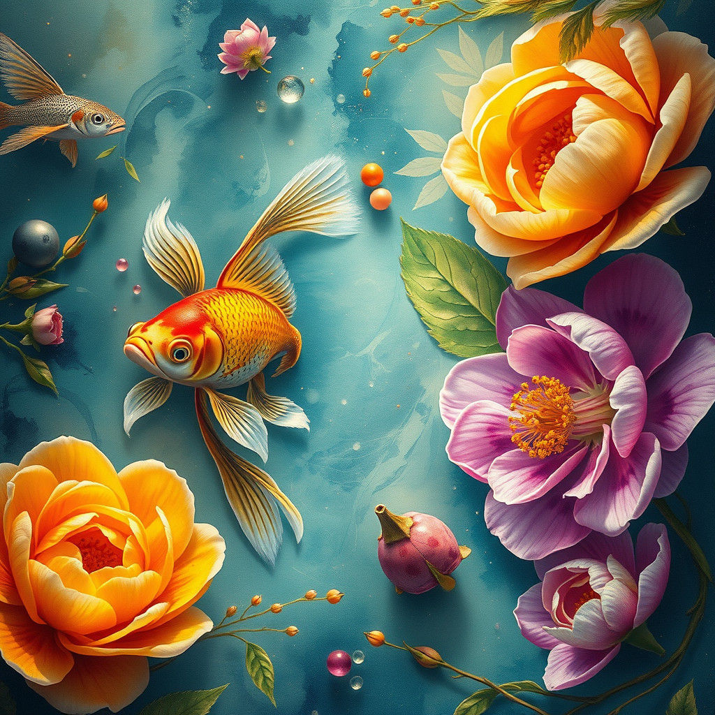 Surreal Field with Fish, Mustang, and Flowers