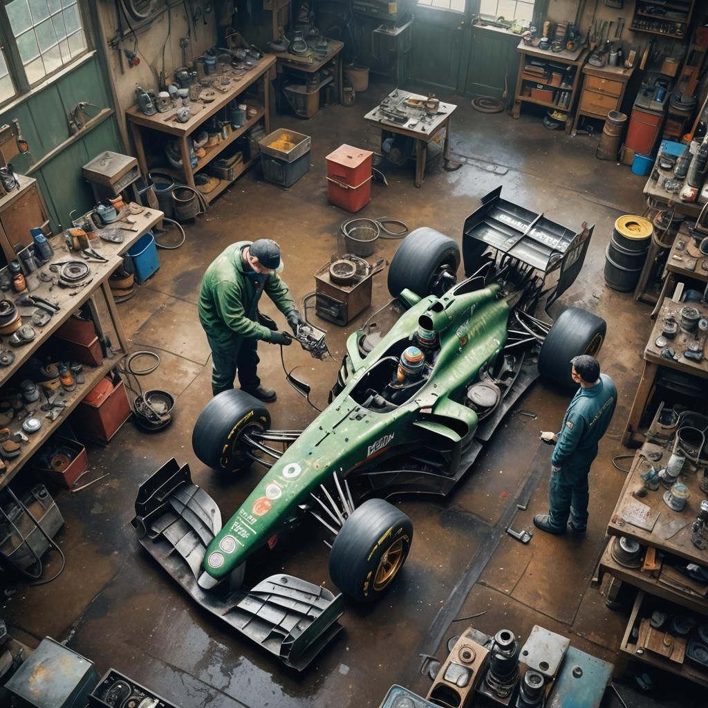 Grimy Mechanic in a Hyperdetailed Garage Workshop, Fantasy I...