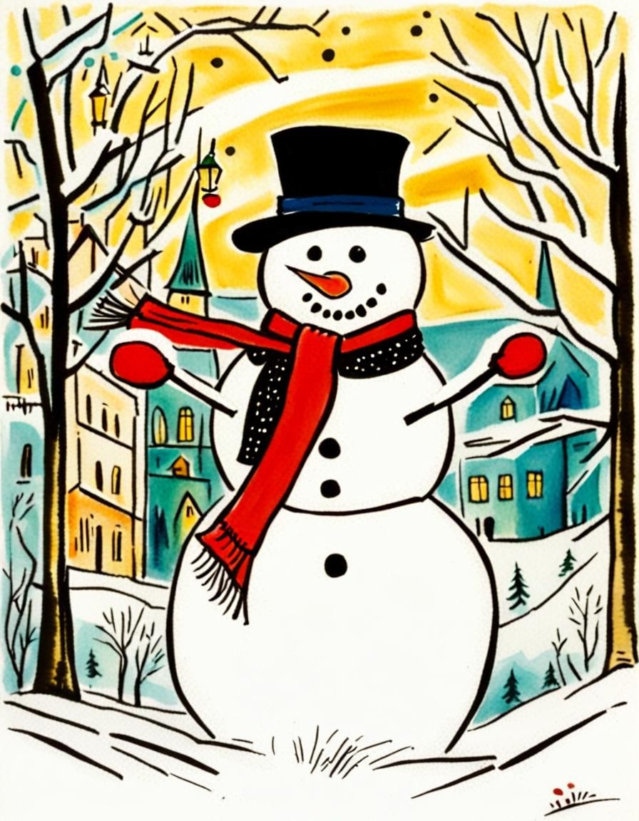 Snowman in Ludwig Bemelmans Style