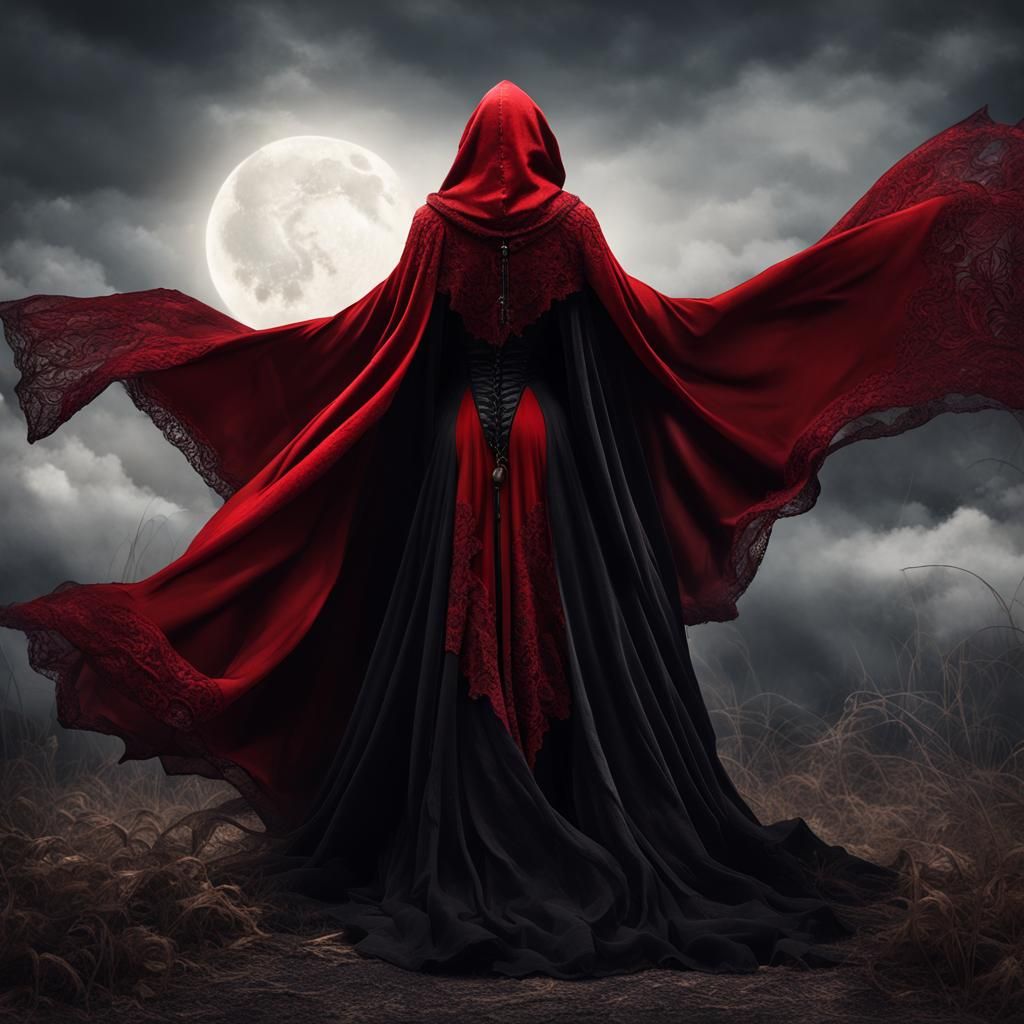 Voluptuous Witch in Scarlet Cloak, Hyperrealistic